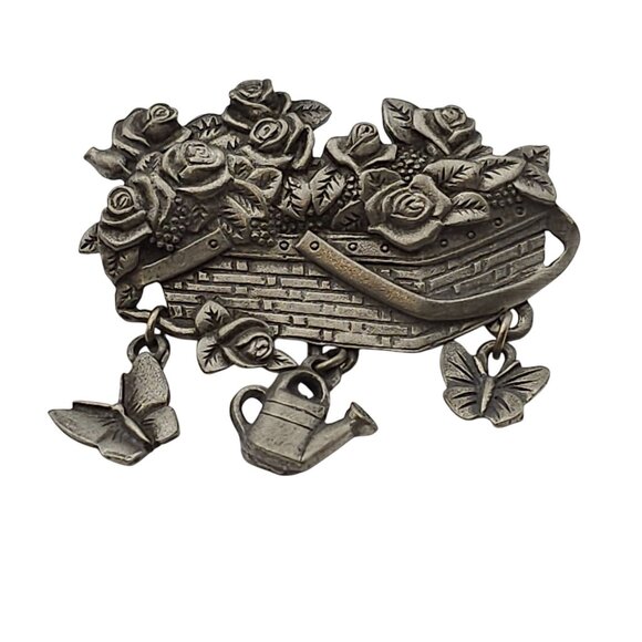 Vtg Brooch Pin Set of 2 Tea & Garden Theme Dangle Butterflies Basket Picnic - Picture 8 of 15